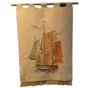 Vtg MCM Nautical Boat Landscape Yarn Macrame Wall Hanging tapestry BOHO bamboo